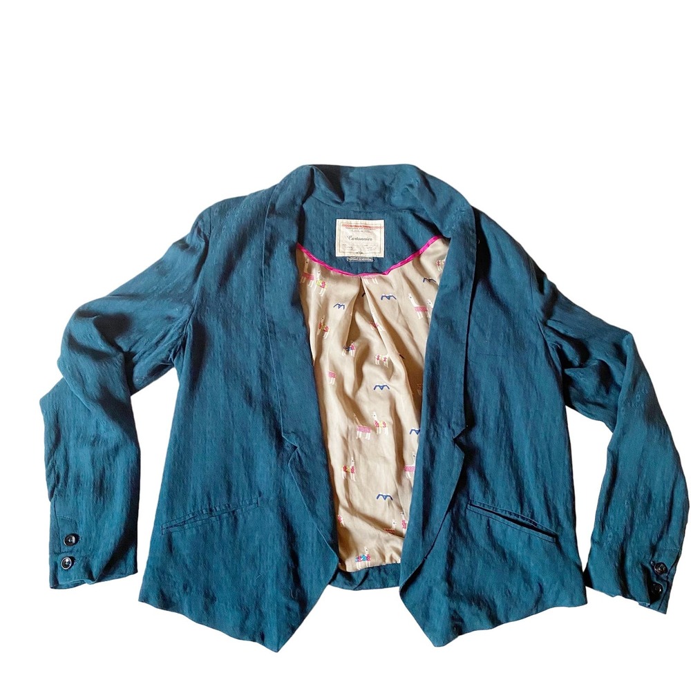 Anthropologie Cartonnier Open Blazer Blue Llamas Womens Size Medium